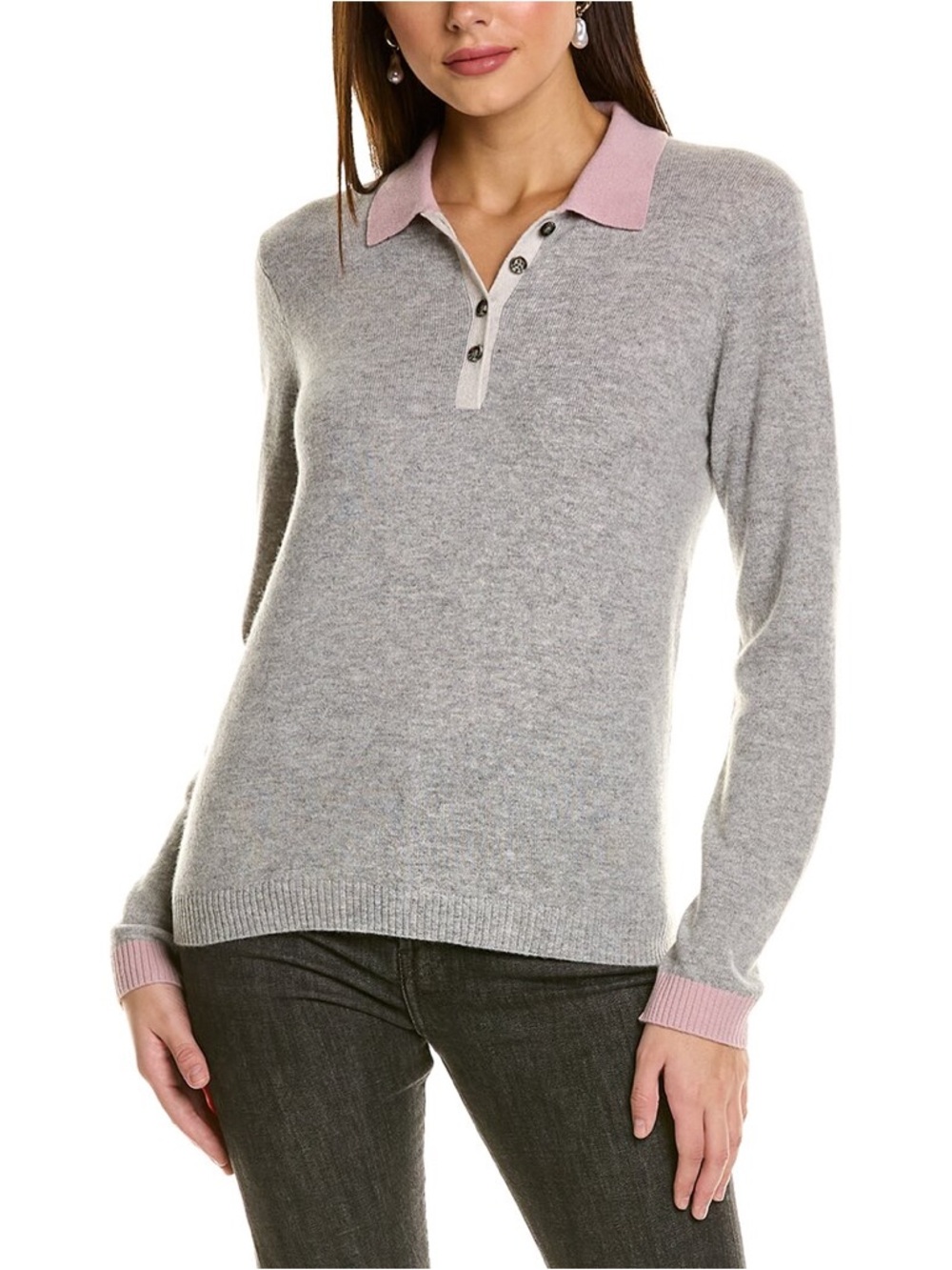 3628 AMICALE CASHMERE Colorblocked Cashmere Polo Sweater In Grey Medium